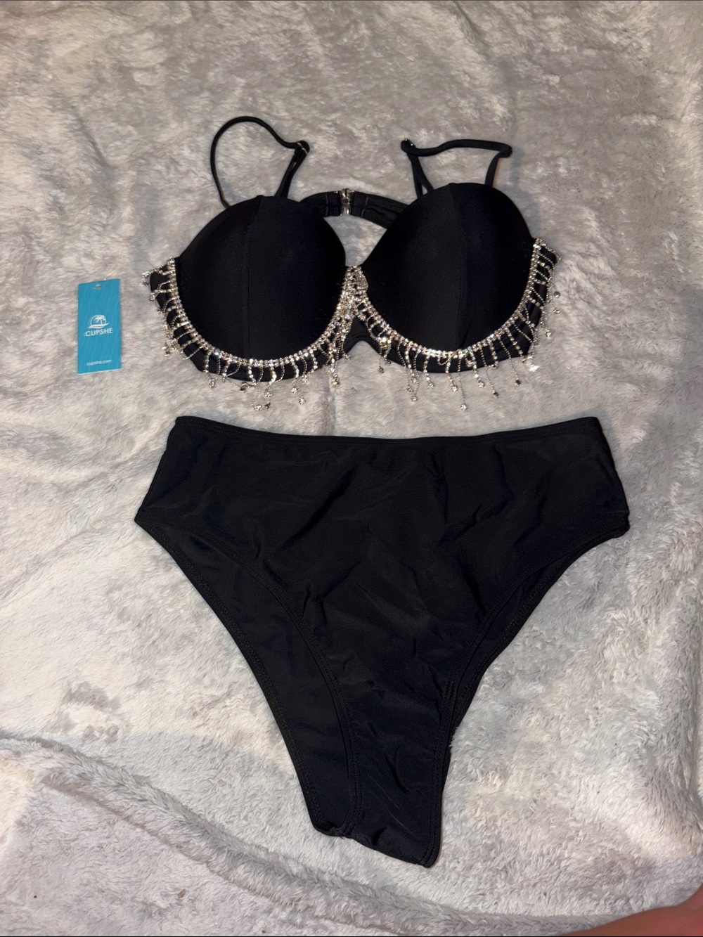 Cupshe Black Bikini Set with Crystal Fringe Detail